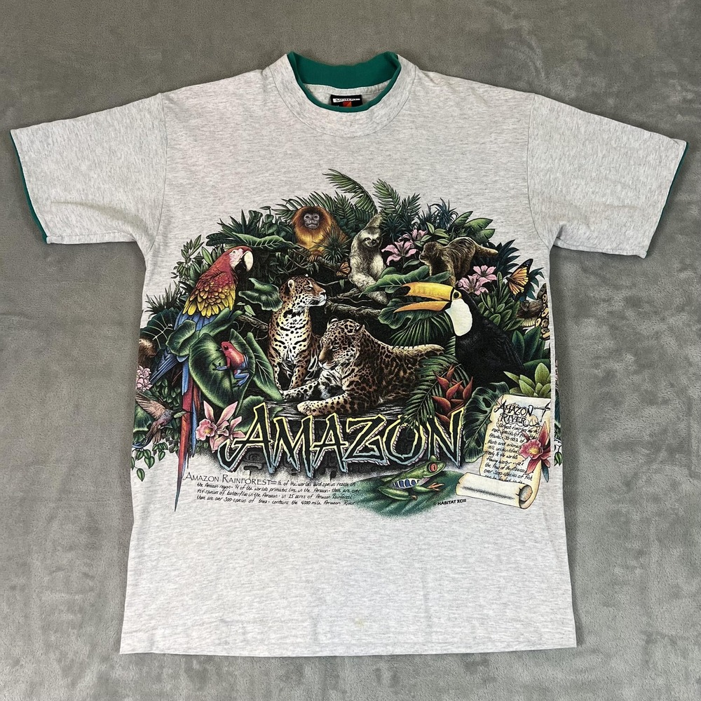 Vintage Signal Sport Shirt Mens M Gray Amazon Rainforest Animals Graphic USA 90s